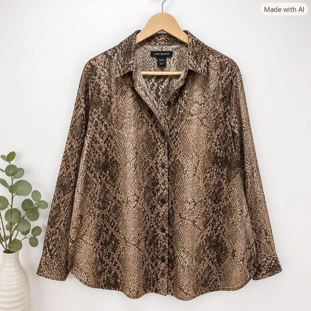 Lane Bryant Brown Tan Snakeskin Button‑Front Shirt – Size 22/24 – EUC - Picture 2 of 8